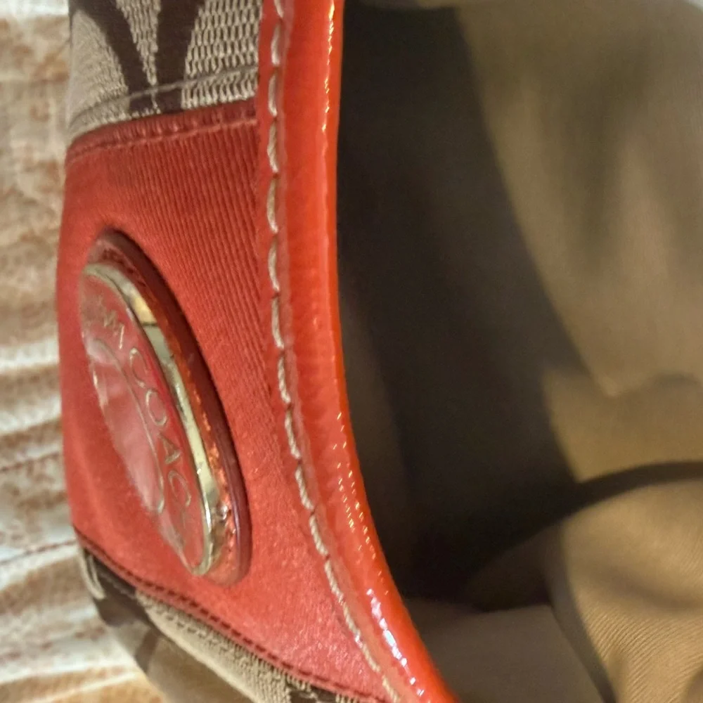 Coach Signature Stripe tote/hobo-bag w/orange leather trim F19203 - Picture 6 of 13